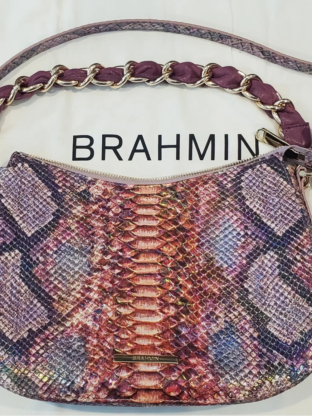Brahmin Ady Wallet and Lavender-Pink Snake-Print Shoulder Bag with Gold Chain